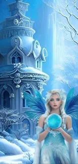 Magical winter fairy holding a blue orb in snowy castle.