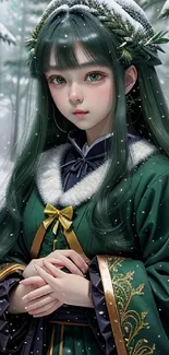 Enchanting fantasy girl in green winter attire amidst snowy forest.