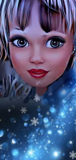 A whimsical winter fantasy art wallpaper with a charming character and snowflakes.