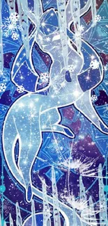 Mystical winter creature in blue digital art with snowflakes and icicles.