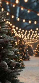 Snowy trees with festive lights at night.