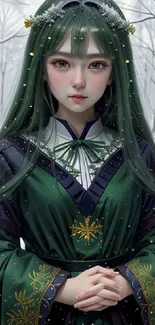 Mystical green-haired maiden in a snowy forest setting.