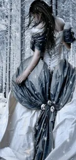 Mysterious woman in gown in snowy winter forest.