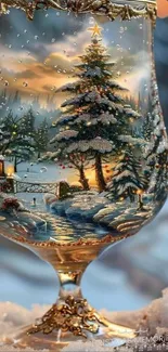 Fantasy winter scene inside a decorative glass with snow and trees.