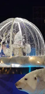 Enchanting snow globe with winter display and polar bear figure at night.