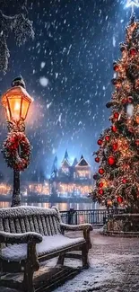 Snowy Christmas scene with tree and bench under street light.