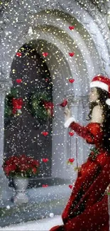 Festive wallpaper with lady in red dress and Christmas decorations.