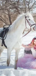 White horse with pink-haired girl in a snowy landscape.