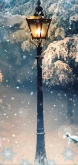 Winter-inspired wallpaper with lamppost and snow.