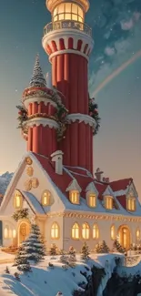 Snowy lighthouse with festive decor and night sky