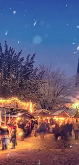 Enchanting winter market with glowing lights.