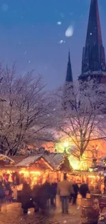 A festive winter market scene with glowing lights and snowy trees.