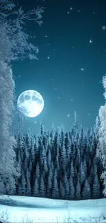 Winter night landscape with full moon over snowy forest.