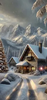 Snowy cabin in a mountainous winter scene.