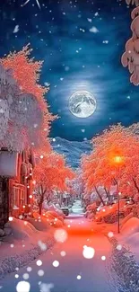 Enchanting winter night scene with moonlit snow and trees.