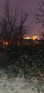 Snowy cityscape under a purple twilight sky.