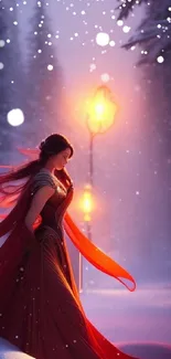 Fantasy winter night scene with red dress and glowing lamp.