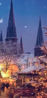 Winter night scene with festive lights and snow-covered spires.