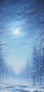 A serene winter forest under a starry night sky with snow-covered trees.