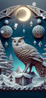 Decorative owl in a snowy nocturnal scene with trees and a crescent moon.