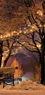 Snowy park at night with illuminated trees and benches.