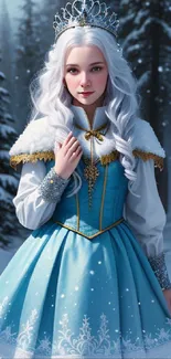 A beautiful winter princess in a blue dress with snowy forest background.