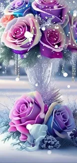 Beautiful lavender rose bouquet in a snowy winter landscape.