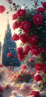 Vibrant red roses in a snowy winter landscape with serene trees.