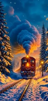 Steam train on snowy tracks with magical sunset glow.