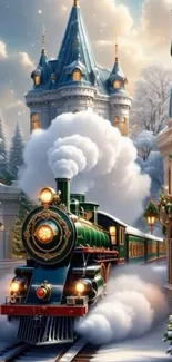 Magical winter train scene with snow and a village backdrop.