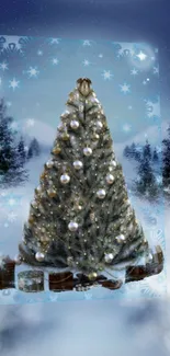 Snow-covered Christmas tree in winter forest with moonlit sky.