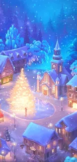 Enchanting snowy village with a glowing Christmas tree and festive lights.