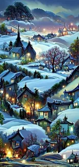 Enchanting winter village at night with glowing lights.