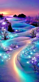 Magical winter landscape with glowing path and snow-covered trees.