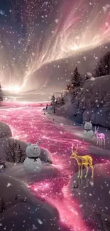 Magical winter night with glowing pink river and whimsical snowmen.