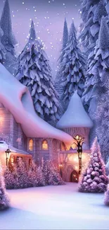 A picturesque winter scene with snowy trees and illuminated cottages.