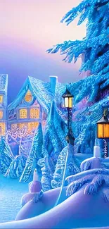 Snowy cottage with icy blue trees and lamp-lit path in winter wonderland.