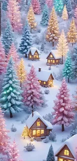 Magical winter scene with lit cabins and colorful trees in snow.
