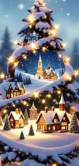Charming Christmas tree with snowy village scene, glowing warmly.