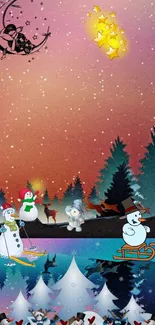 Enchanting winter scene with snowmen and colorful trees.