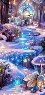 Magical snow-covered path with glowing lanterns in a winter forest.