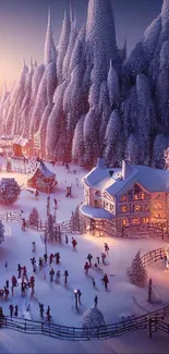 Enchanting snowy village illuminated by warm festive lights at dusk.