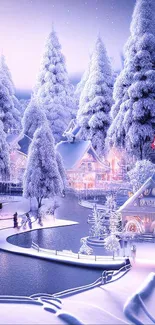 Snowy village in a serene winter wonderland at twilight.