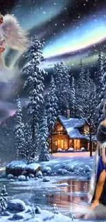 Enchanting winter scene with cabin and aurora borealis.