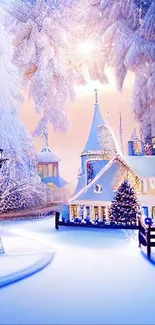 Winter wonderland wallpaper with snow-covered cottages and frosty blue trees.