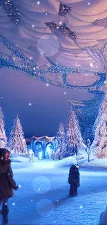 Enchanting winter wonderland with snow-covered trees and a magical blue aura.