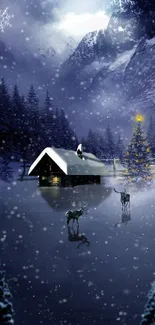 Snowy cabin with Christmas tree and mountains under a moonlit sky.