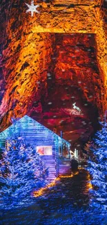 Snowy cabin with twinkling lights in a vibrant winter wonderland scene.