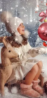 Girl with reindeer in snowy winter wonderland with festive ornament.