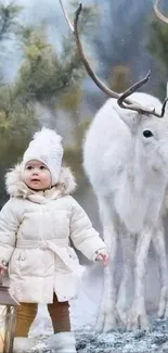 Child with reindeer in a snowy winter forest holding a lantern.